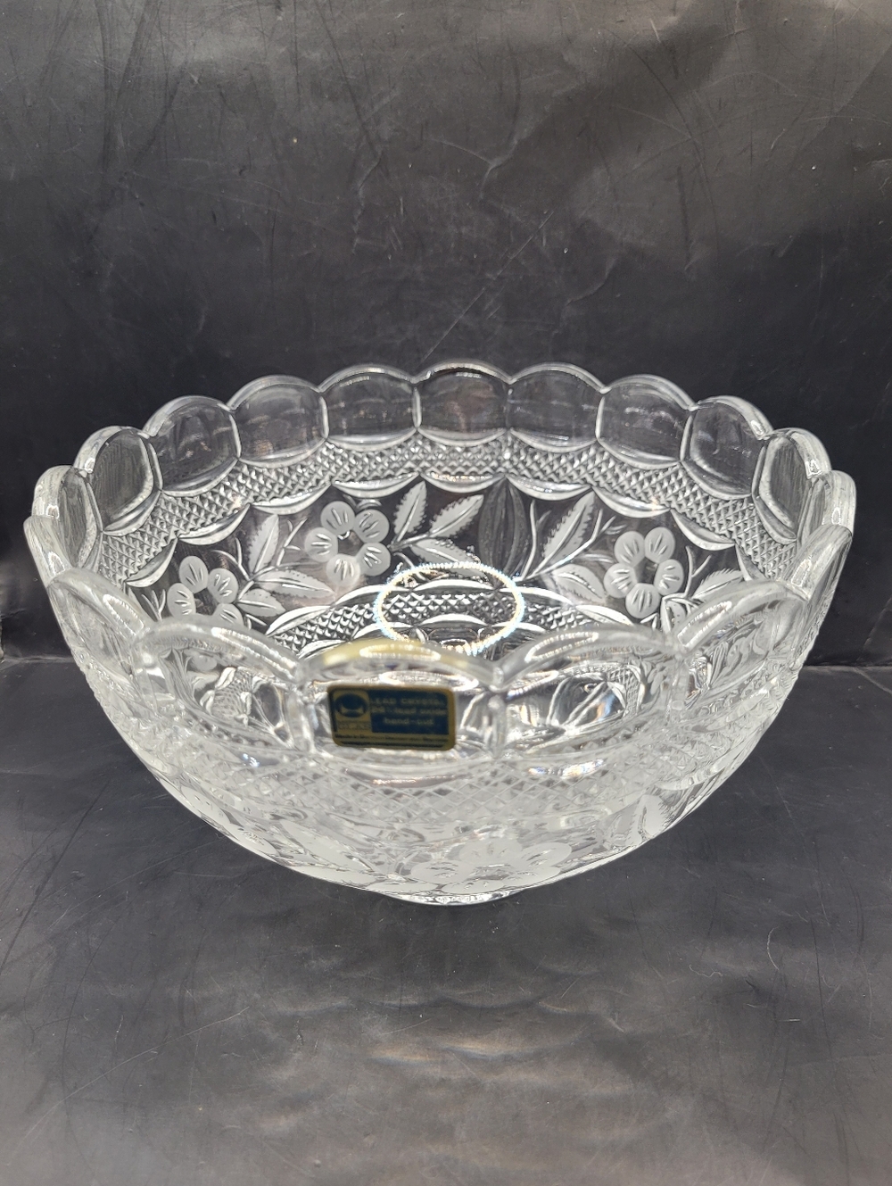 Vintage Lausitzer Lead Crystal Hand Cut Bowl East Germany 8.5” Floral Scalloped